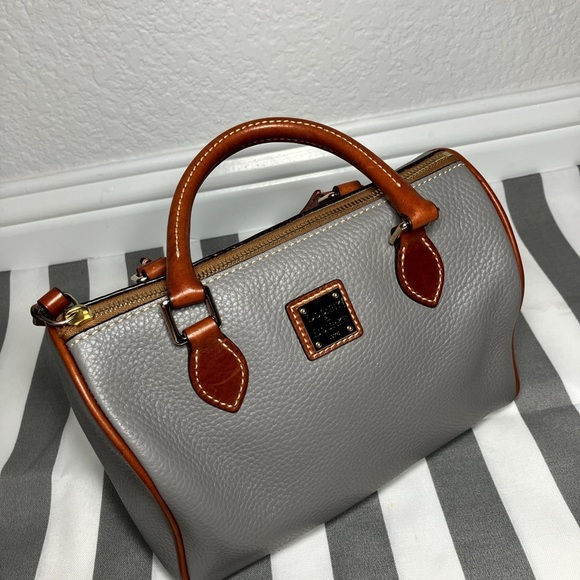Authentic Dooney & Bourke elephant gray pebbled leather barrel (Trudy) satchel